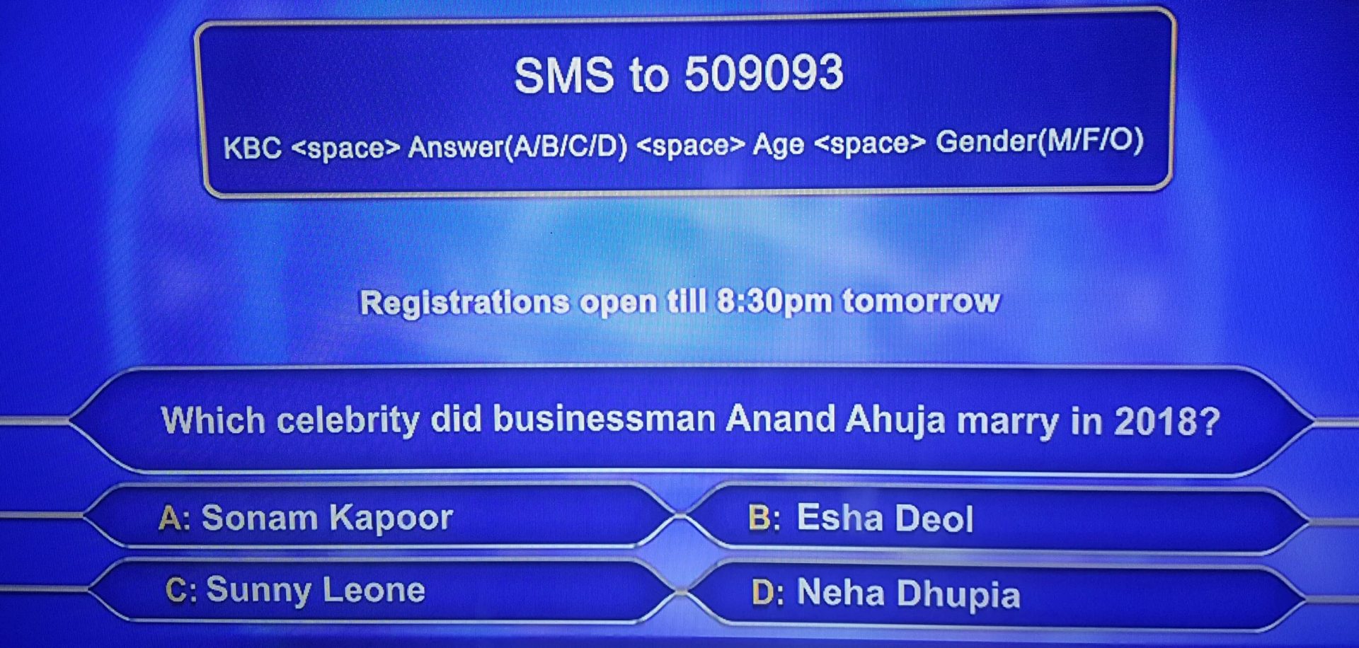 KBC Registration Ques 14: Which celebrity did businessman Anand Ahuja marry in 2018?