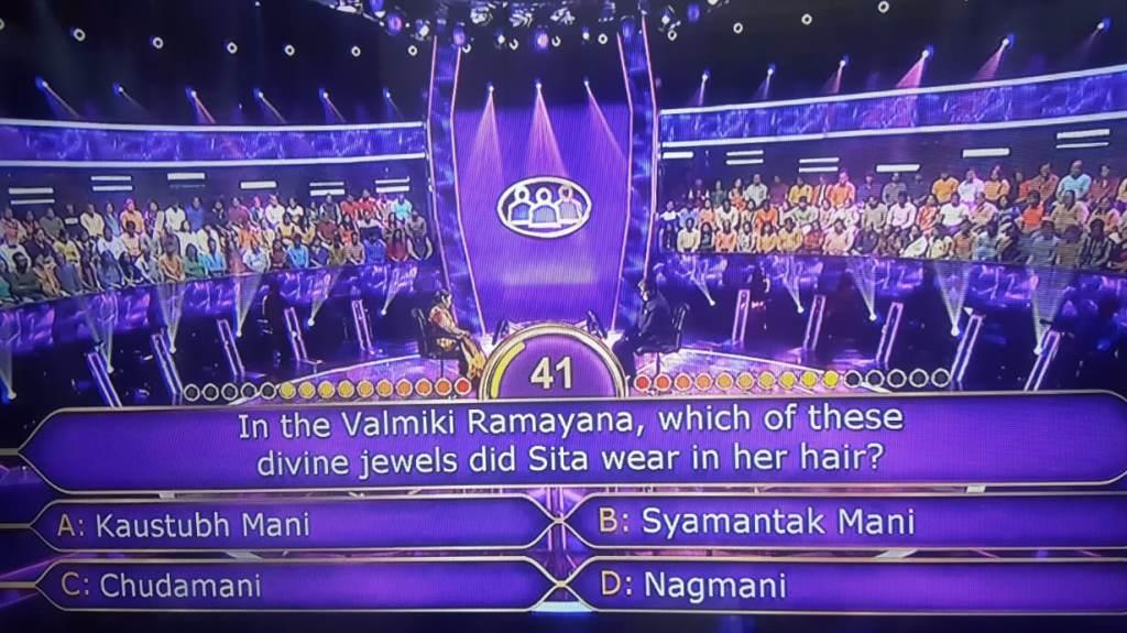 Ques : In the Valmiki Ramayana, which of these divine jewels did Sita wear in her hair?