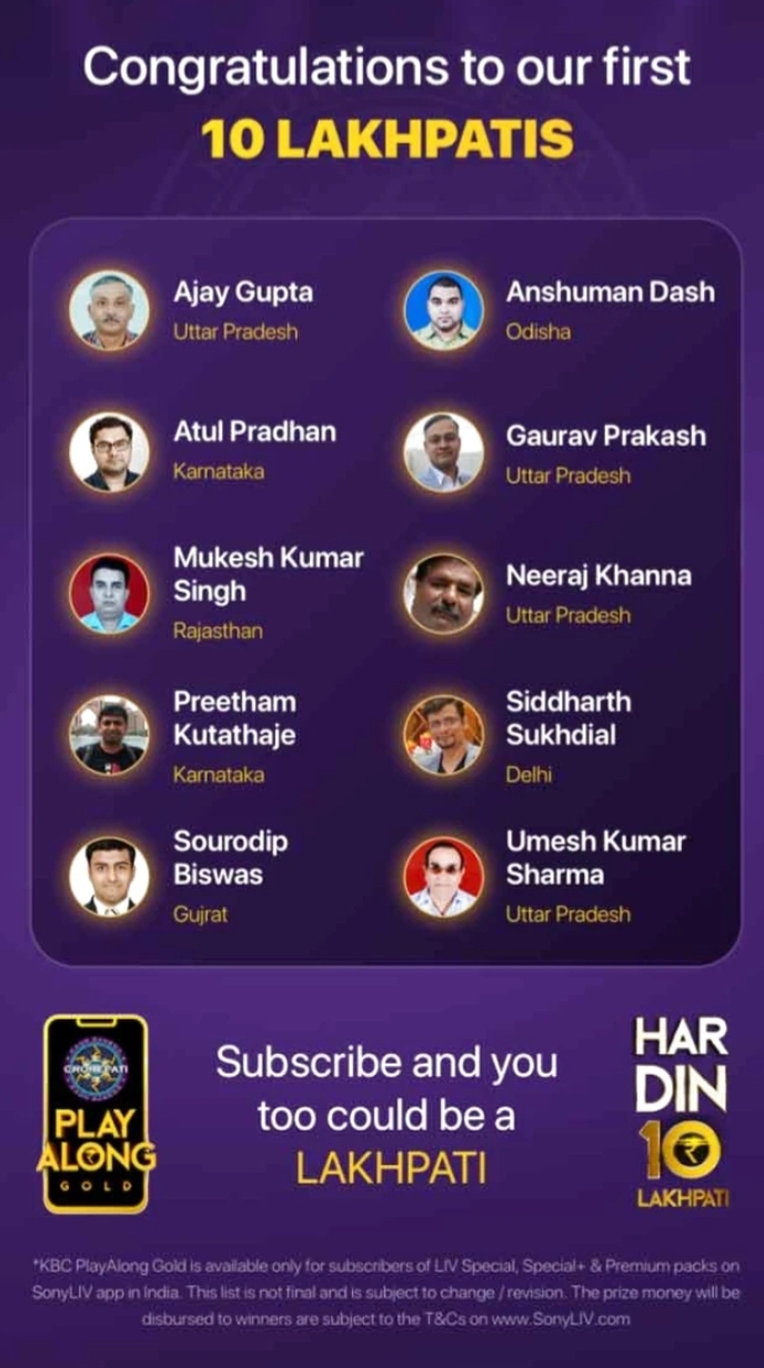 KBC Play Along Gold Winner – Episode 1 – Here are top 10 Names – Play Now