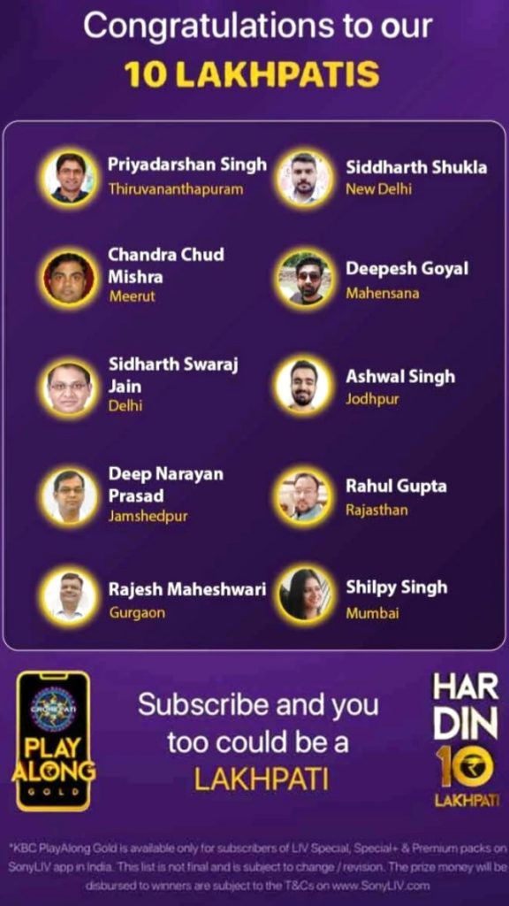 KBC Play Along Gold Winner - Episode 15 - Here are top 10 Names - Play Now