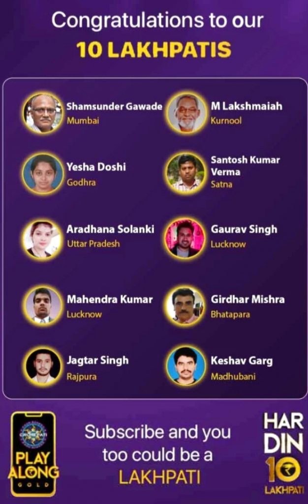 KBC Play Along Gold Winner - Episode 20 - Here are top 10 Names - Play Now