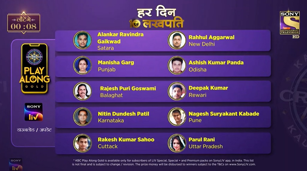 KBC Play Along Gold Winner – Episode 68 – Here are top 10 Names – Play Now