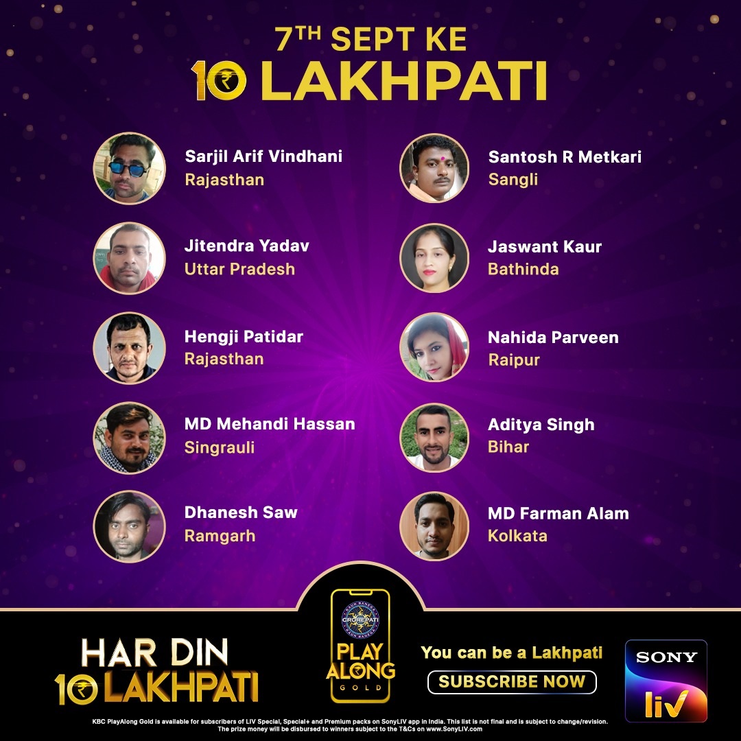 Congratulations to our 10 Lakhpatis from 8th September – KBC Play Along Winner