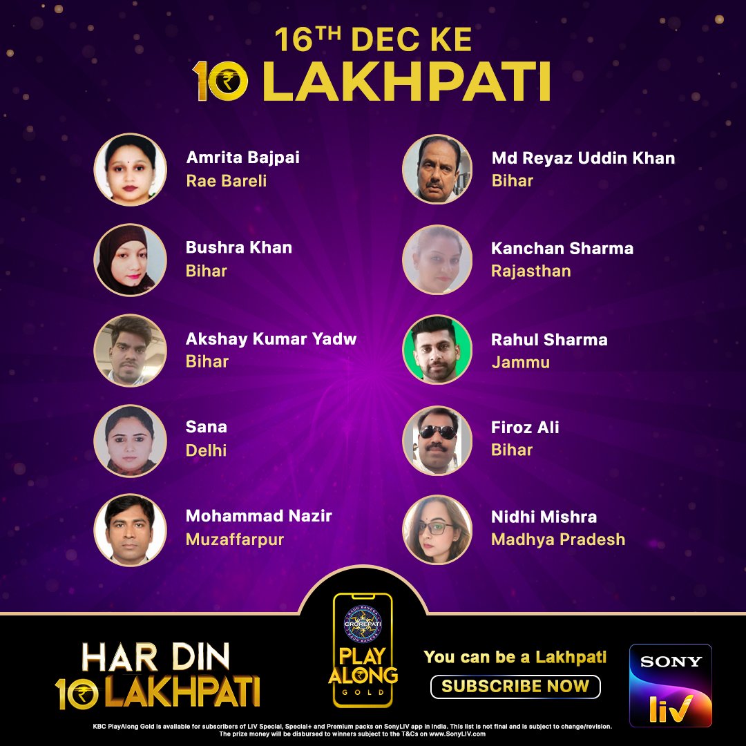 Congratulations to our 10 Lakhpatis from 16th December – KBC Play Along 2021