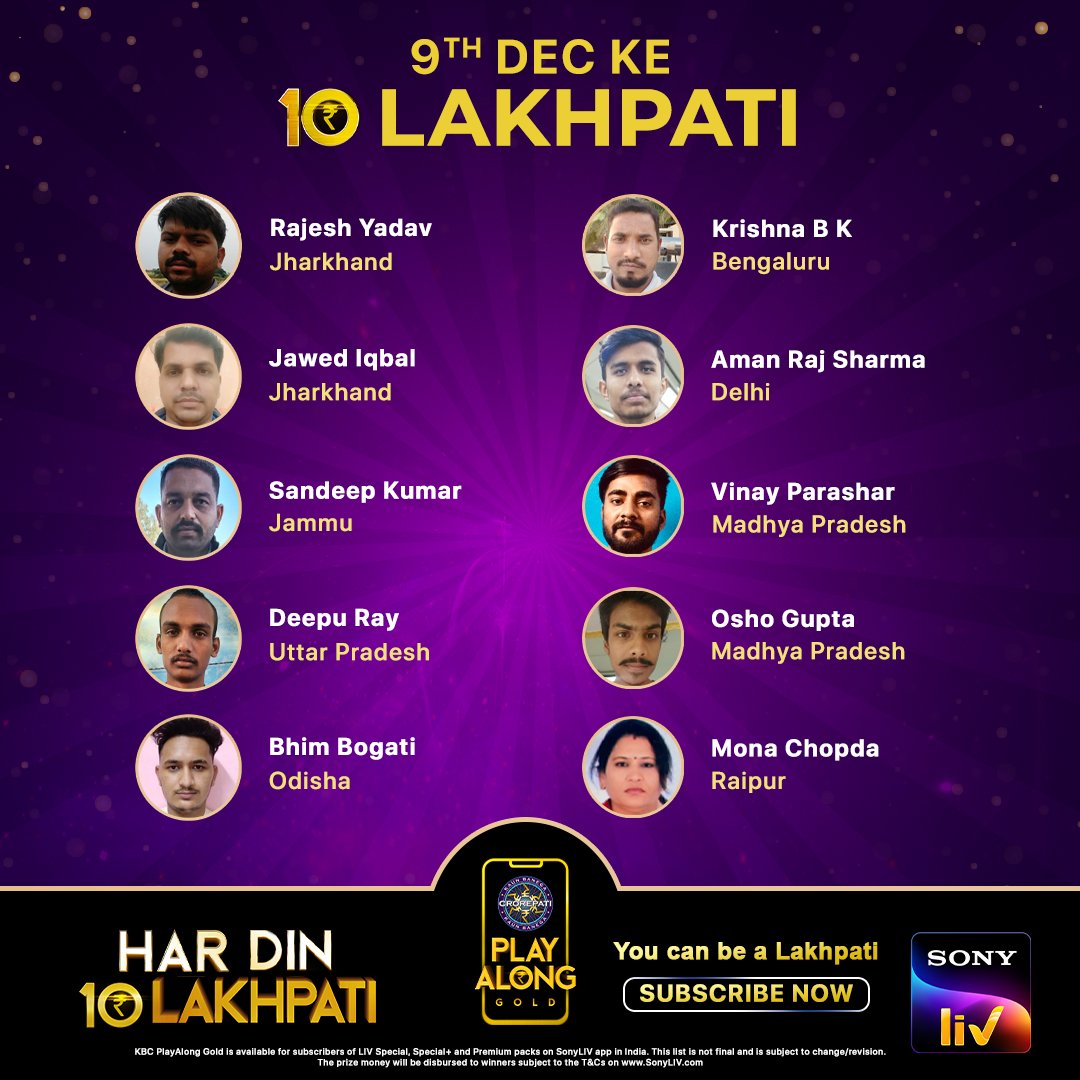 Congratulations to our 10 Lakhpatis from 9th December – KBC Play Along 2021