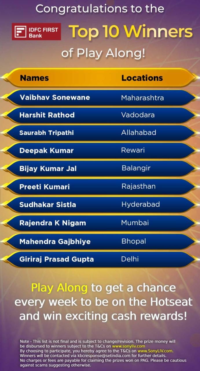 Congratulations to our 10 Players on Play Along from 20th September – KBC Play Along Winners