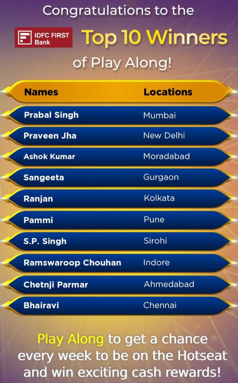 Congratulations to our 10 Players on Play Along from 7th September – KBC Play Along Winners