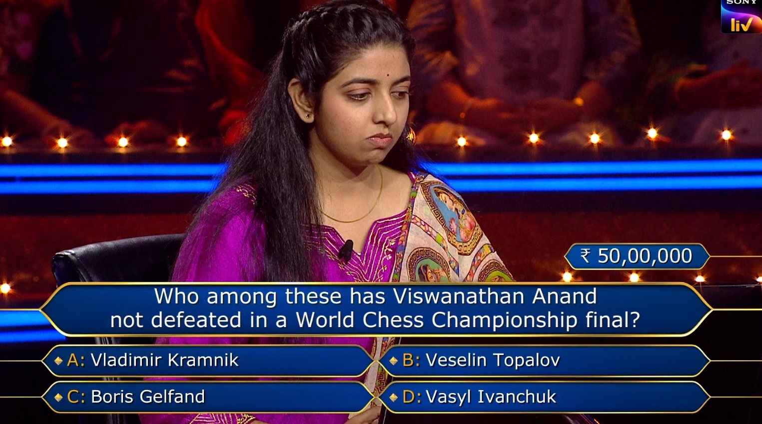 Ques : Who among these has Viswanathan Anand not defeated in a World Chess Championship final?