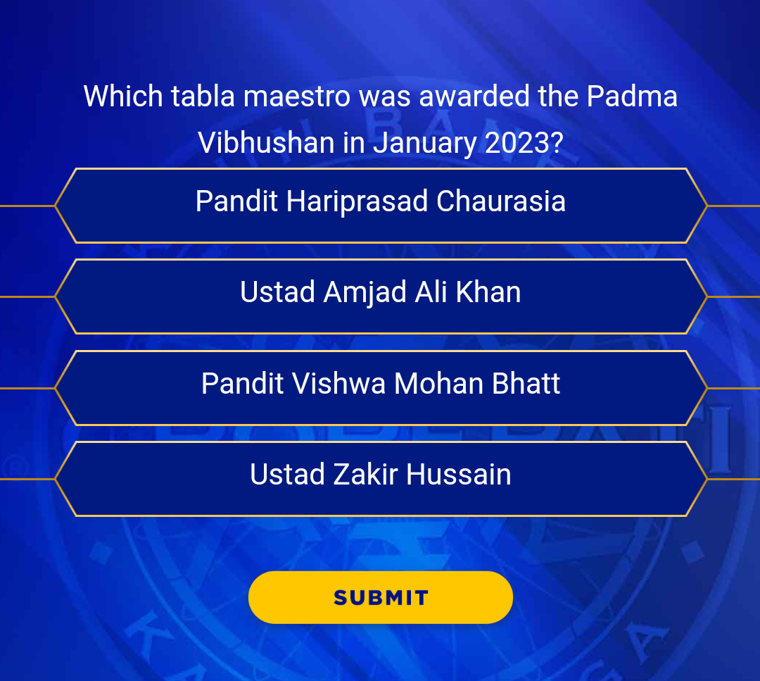Ques : Which tabla maestro was awarded the Padma Vibhushan in January 2023? Registration Question No 5